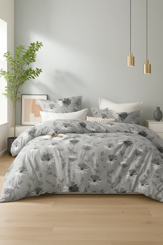 Pościel jasna szara w kwiaty 200x220 4 el. z prześcieradłem z gumką Belo D-139