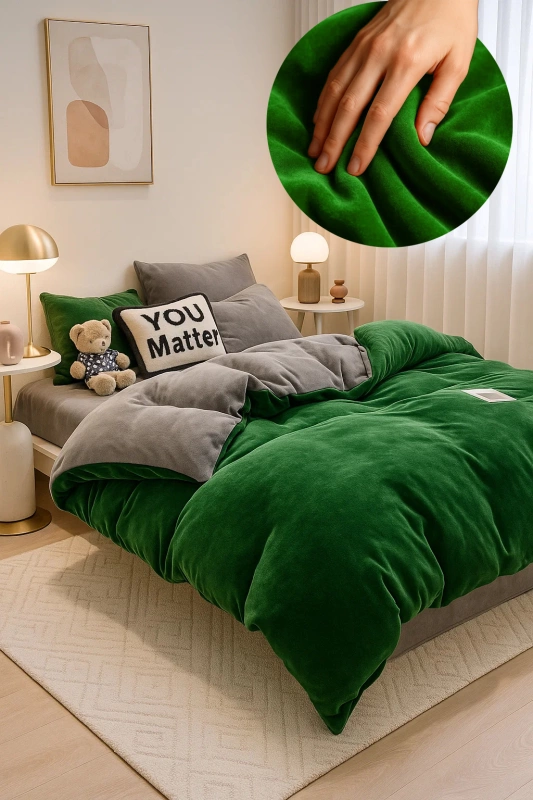 Pościel pluszowa welurowa zimowa miś gładka 160x200 4 el. butelkowa zielona - szara
