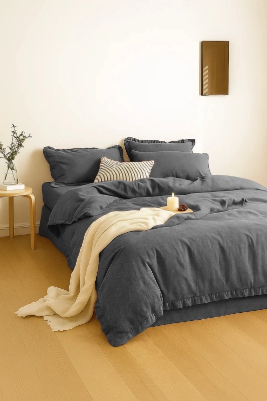 Pościel bawełniana z falbanką szara 160x200 3 el.