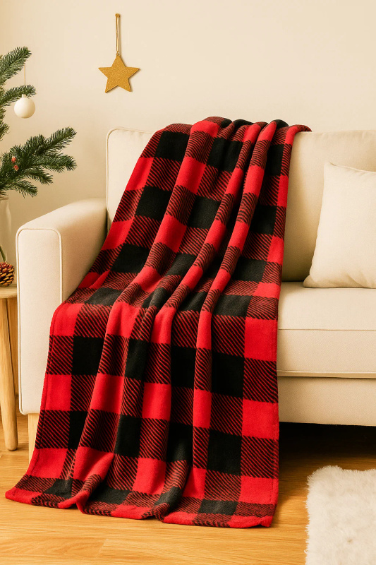 Koc świąteczny czerwony czarny w kratę 160x200