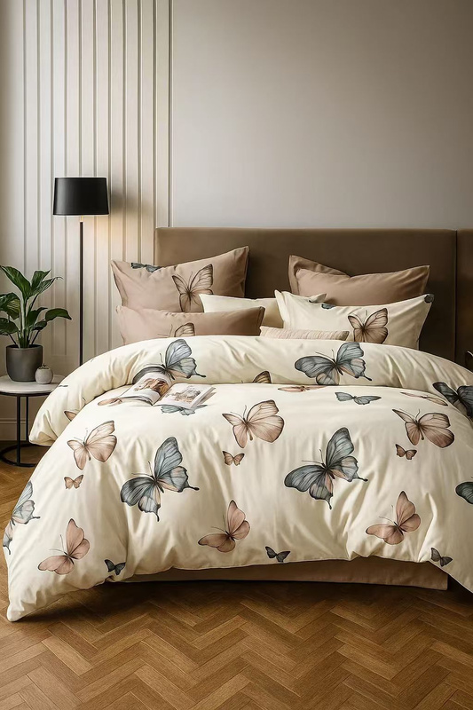 Pościel kremowo-różowa w motyle 200x220 4 el. z prześcieradłem z gumką Fortaleza D-143