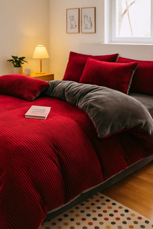 Pościel pluszowa zimowa miś tłoczona w pasy 160x200 3 el. czerwona - szara