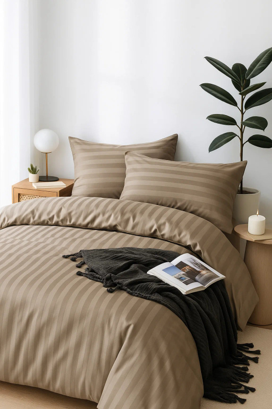 Pościel w pasy 200x220 3 el. Kim Dark Beige