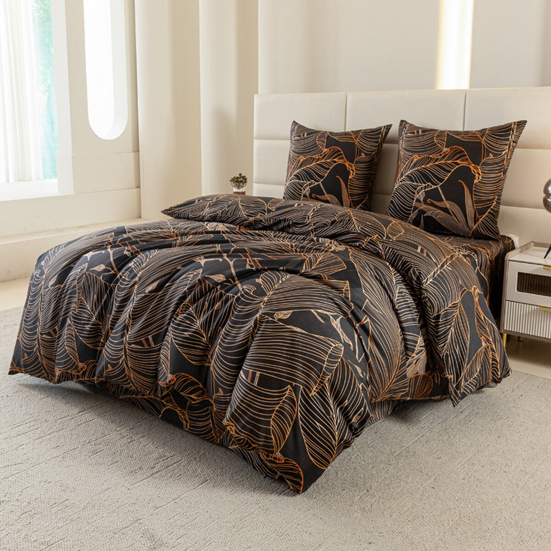 Pościel czarna w liście Lux 160x200 3 el.