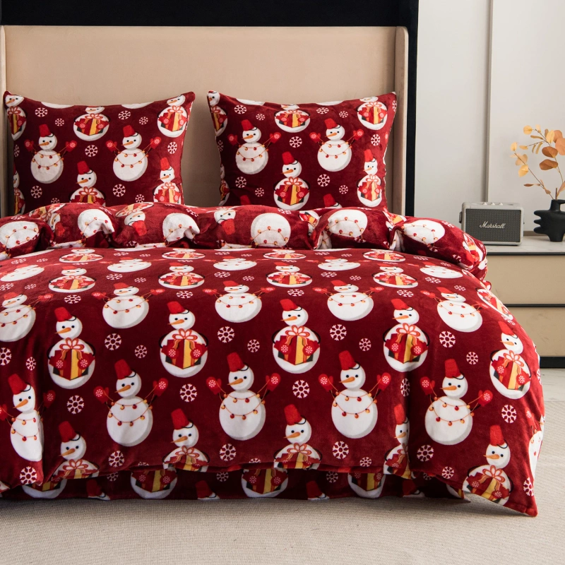 Pościel pluszowa zimowa miś świąteczna czerwona w bałwany 200x220 3 el.