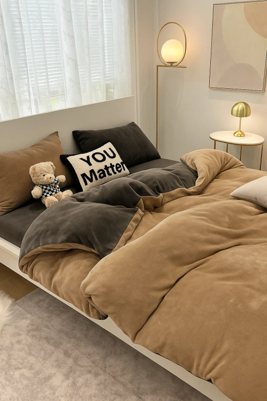 Pościel pluszowa welurowa zimowa miś gładka 200x220 3 el. jasna brązowa - ciemna brązowa