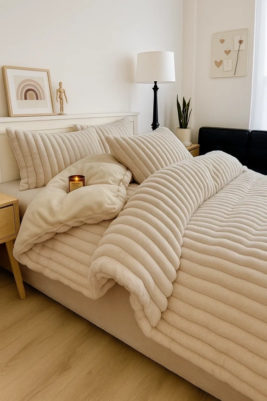 Pościel pluszowa zimowa miś tłoczona w grube szerokie pasy 200x220 3 el. beżowa