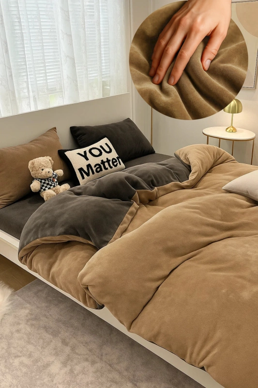 Pościel pluszowa welurowa zimowa miś gładka 200x220 4 el. jasna brązowa - ciemna brązowa