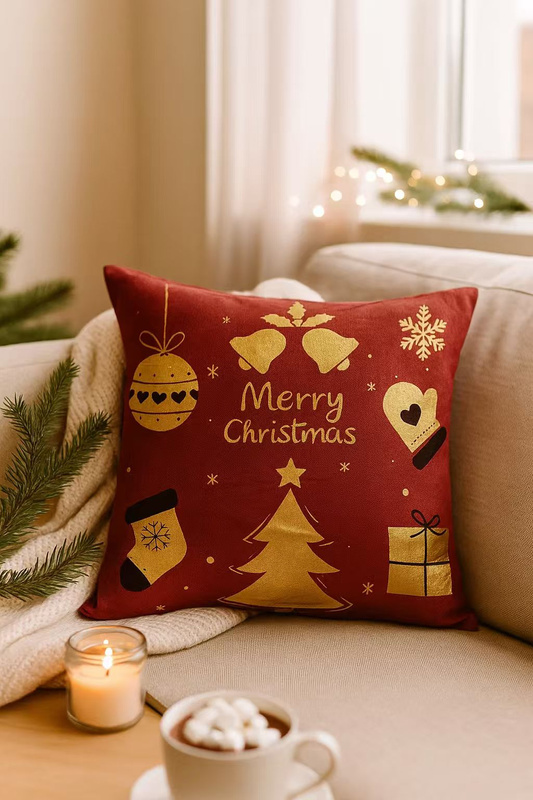 Poszewka na poduszkę świąteczna czerwona Merry Christmas z prezentami 40x40