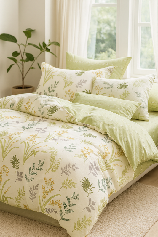Pościel bawełniana biało-zielona w kwiatki i liście 200x220 3 el. L50