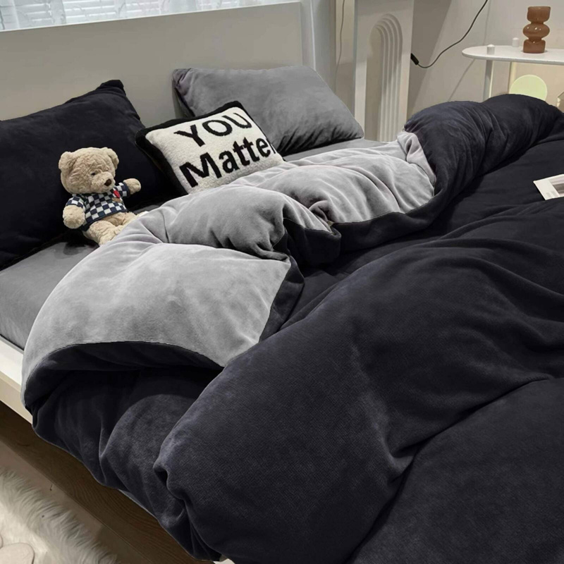 Pościel pluszowa welurowa zimowa miś gładka 200x220 4 el. czarna - szara