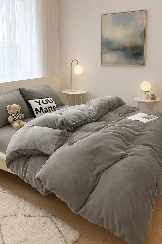 Pościel pluszowa welurowa zimowa miś gładka 200x220 3 el. ciemna szara