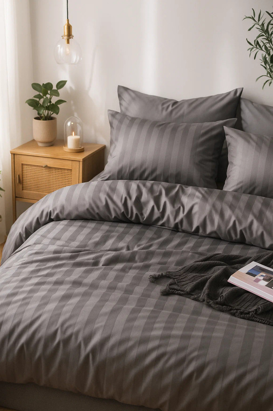 Pościel w pasy grafitowa 160x200 3 el. Kim Grafit 