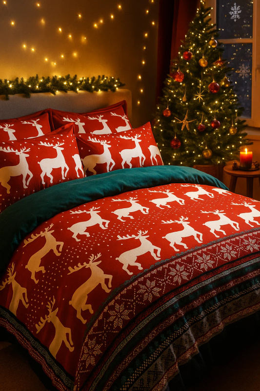 Pościel świąteczna zielono-czerwona 160x200 3 el. A037