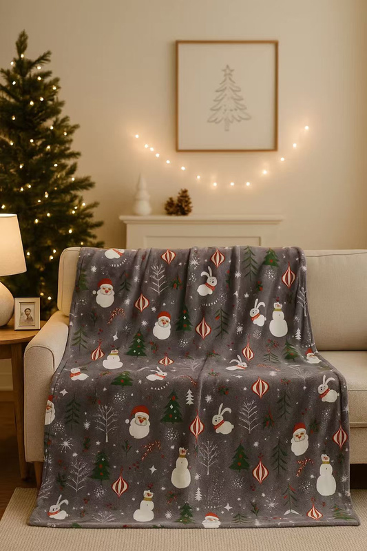 Koc świąteczny ciemny szary w bałwanki 160x200