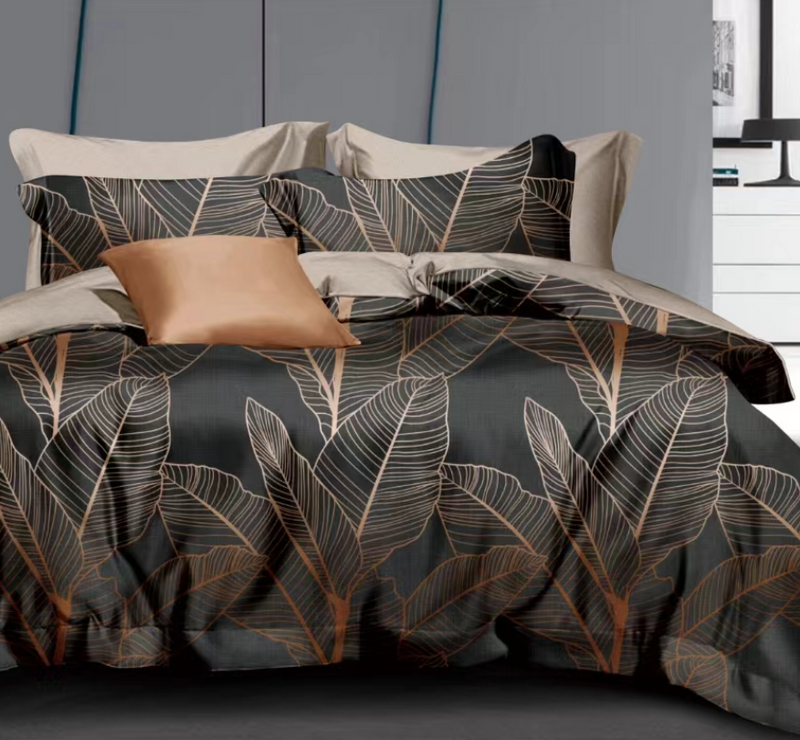 Pościel ciemna szara w liście 200x220 3 el. Reynosa C-113