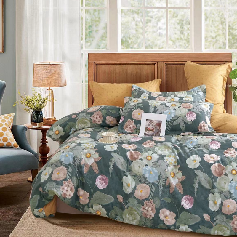 Pościel flanelowa gruba zimowa ciepła w kwiaty Concordia 160x200 4 el. A-053