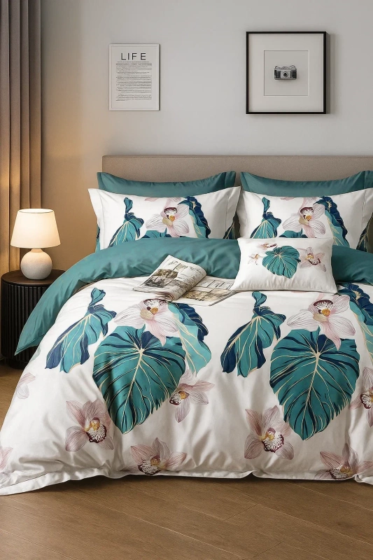 Pościel biało-niebieska w liście 200x220 3 el. Saravena C-84