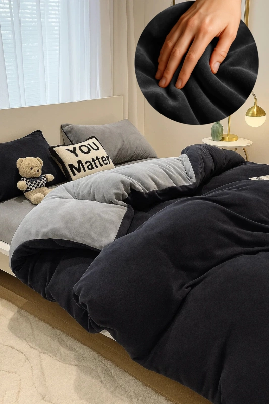 Pościel pluszowa welurowa zimowa miś gładka 200x220 3 el. czarna - szara