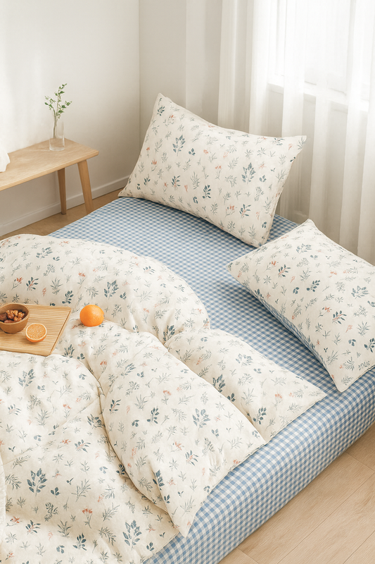 Pościel bawełniana biało-błękitna w kwiatki 200x220 3 el. L62