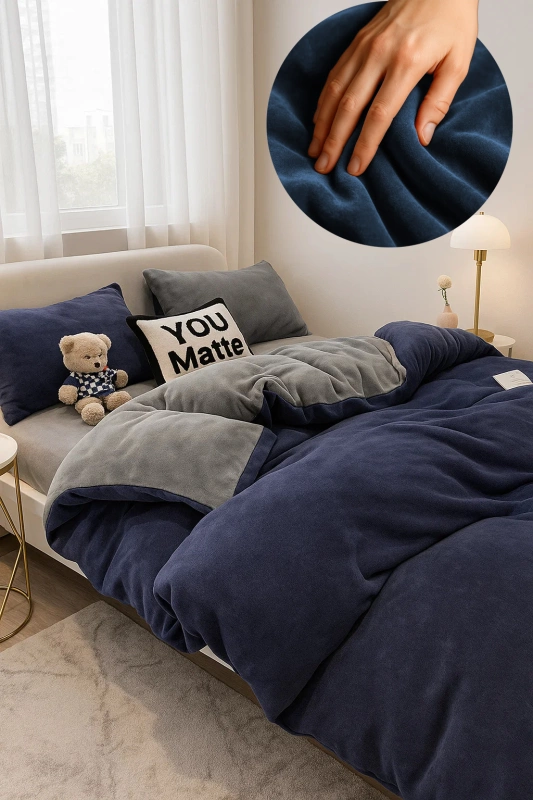 Pościel pluszowa welurowa zimowa miś gładka 200x220 4 el. niebieska - szara