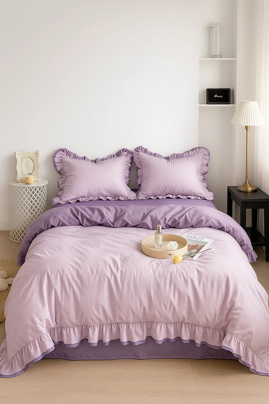 Pościel z podwójną falbanką dwukolorowa różowo-fioletowa 160x200 3 el.