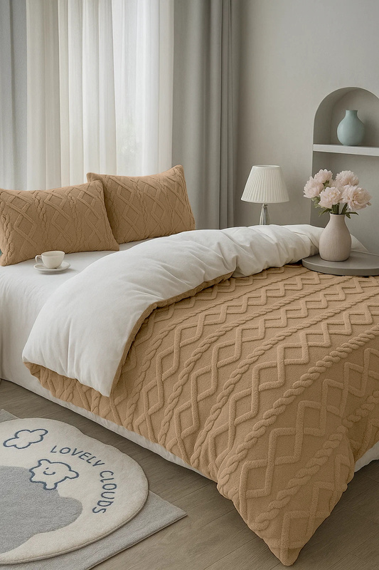 Pościel pluszowa zimowa miś sweterek 200x220 3 el. beżowa - biała