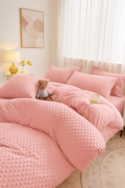 Pościel pluszowa zimowa miś w kropki 3D 200x220 3 el. MINKY jasny róż