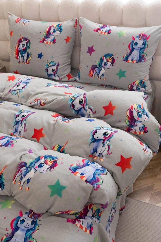 Pościel pluszowa zimowa miś jasna szara w jednorożce 160x200 3 el.