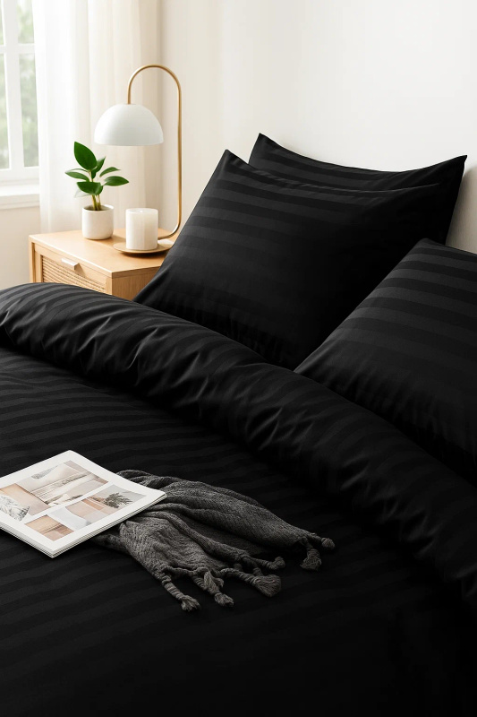 Pościel w pasy czarna 160x200 3 el. Kim Black