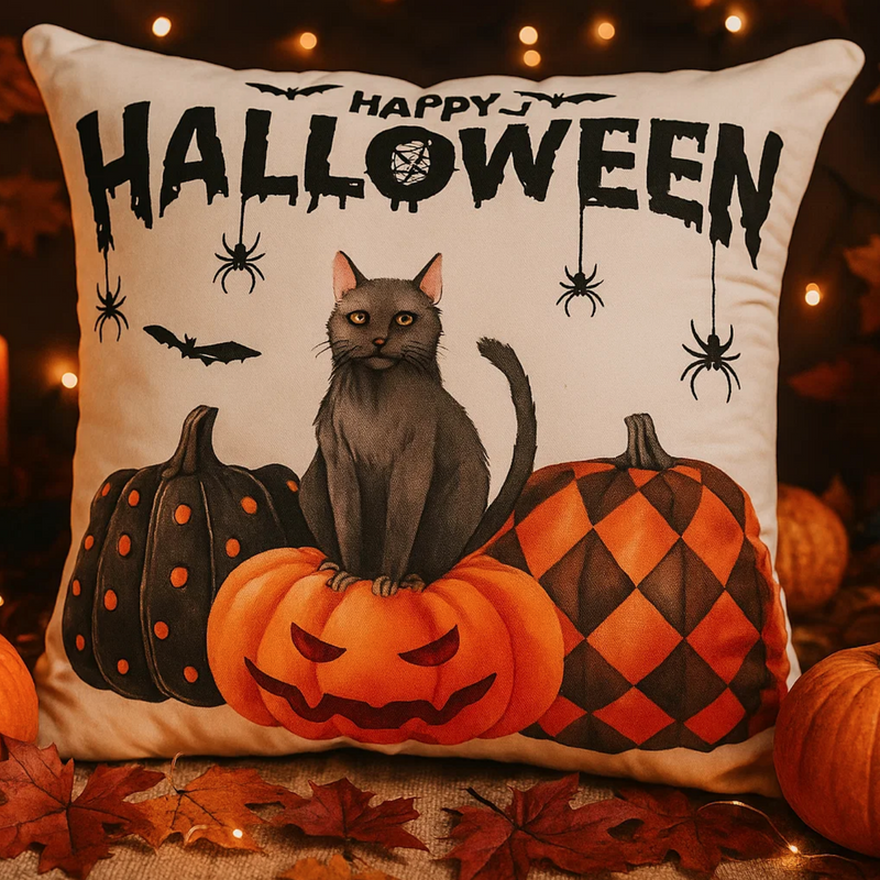 Poszewka na poduszkę Halloween biała z napisem, kotem, dyniami 40x40 HAPPY HALLOWEEN