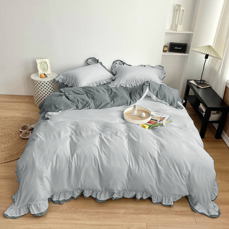 Pościel z podwójną falbanką dwukolorowa szara 200x220 3 el.