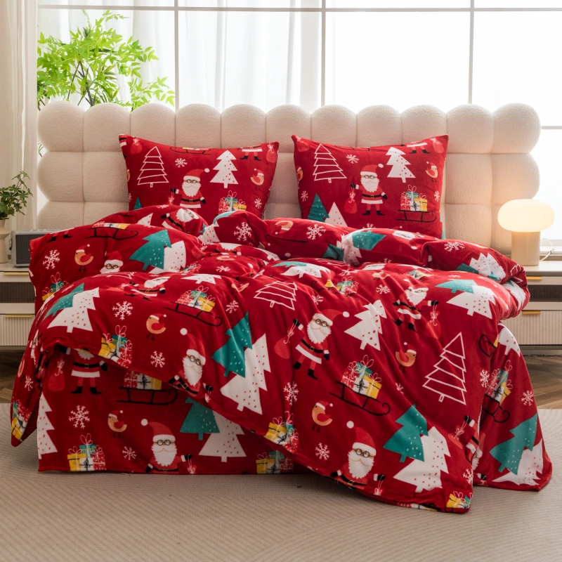 Pościel pluszowa zimowa miś świąteczna czerwona w mikołaje i choinki 200x220 3 el.