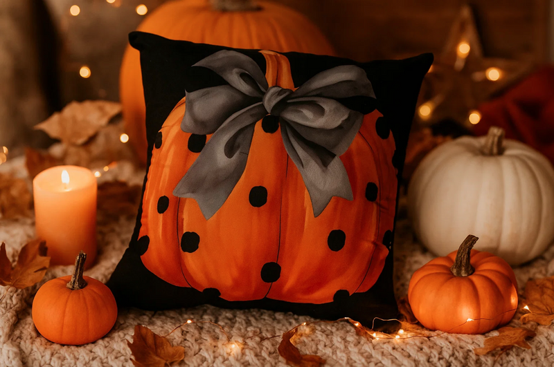 Poszewka na poduszkę Halloween czarna z dynią i kokardą 40x40 PUMPKIN
