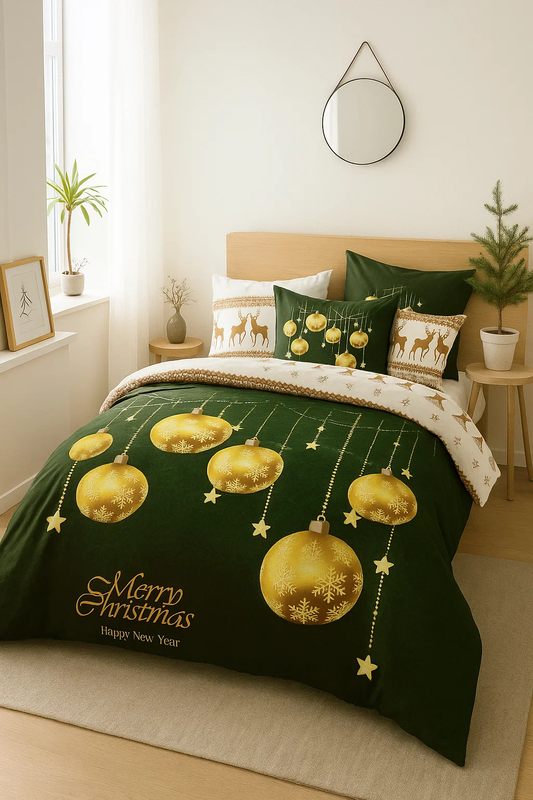 Pościel świąteczna 160x200 4 el. Złote Bombki