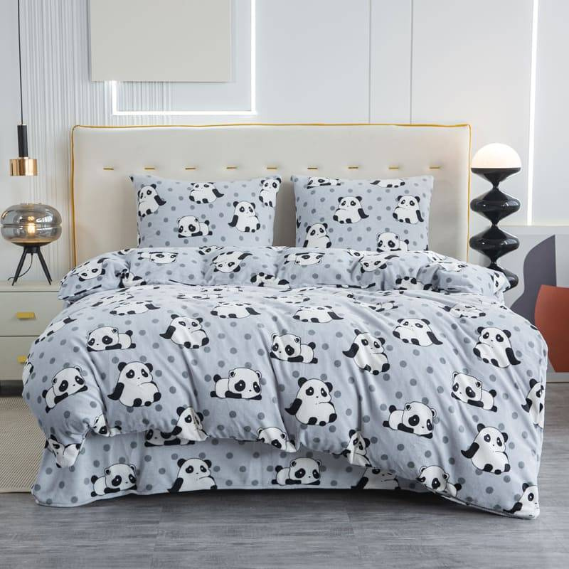 Pościel pluszowa zimowa miś jasna szara w pandy 160x200 3 el.