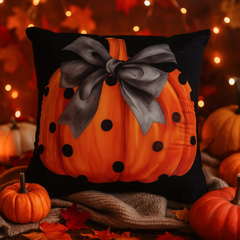 Poszewka na poduszkę Halloween czarna z dynią i kokardą 40x40 PUMPKIN