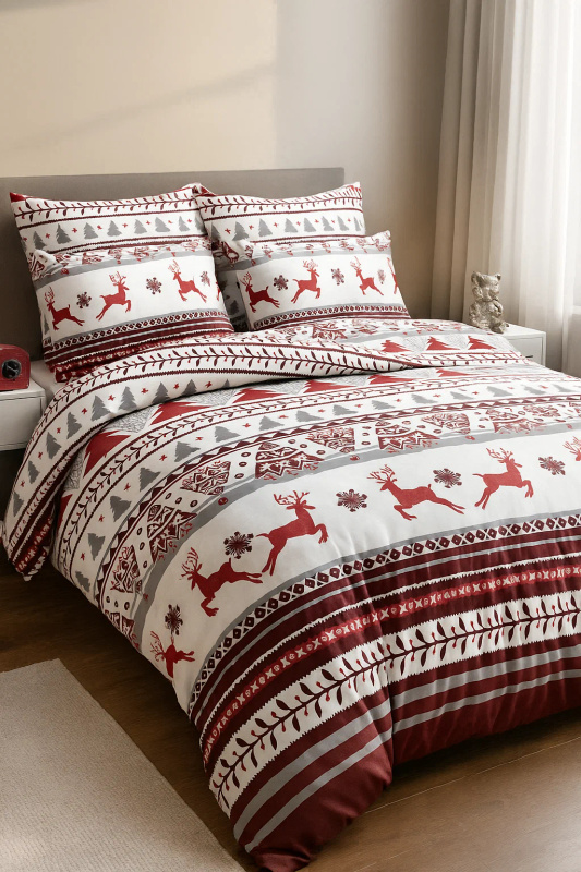 Pościel świąteczna biało-bordowa 160x200 3 el. A023