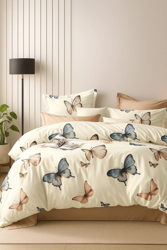 Pościel kremowo-różowa w motyle 160x200 4 el. z prześcieradłem z gumką Fortaleza D-143