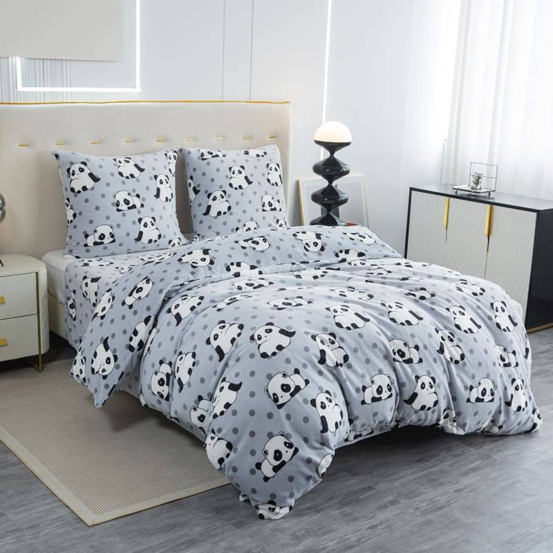 Pościel pluszowa zimowa miś jasna szara w pandy 160x200 3 el.