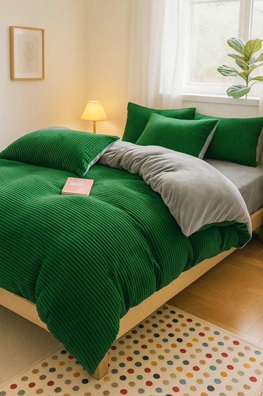 Pościel pluszowa zimowa miś tłoczona w pasy 200x220 3 el. butelkowa zielona - szara