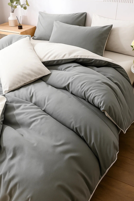 Pościel 160x200 4 el. z prześcieradłem z gumką gładka bez nadruku ciemno-jasna szara S-8