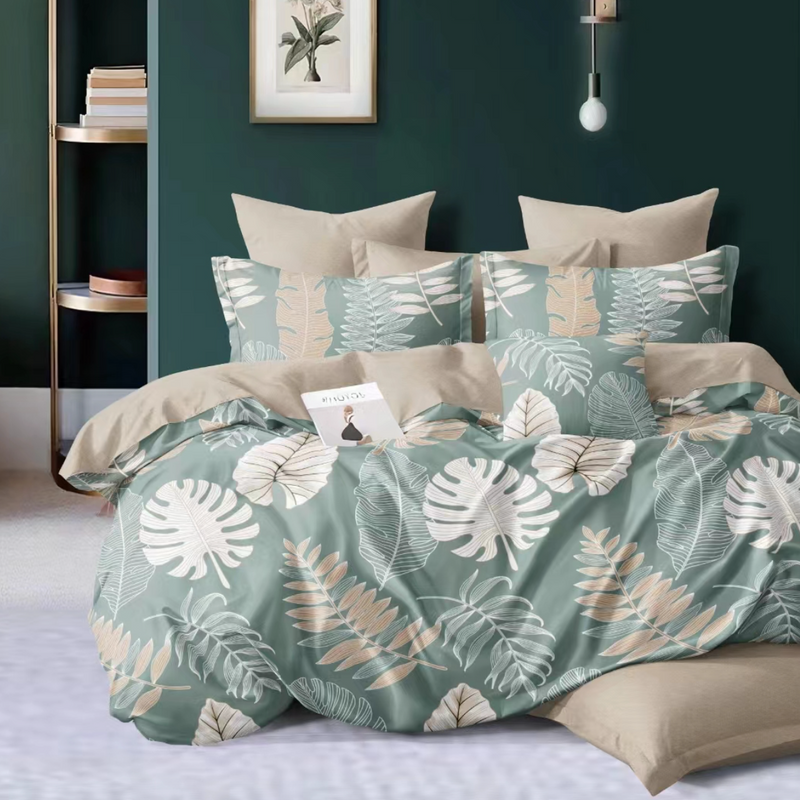 Pościel zielono-beżowa w liście 200x220 4 el. Loreto C-123