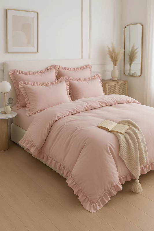 Pościel z falbanką różowa 200x220 3 el. 