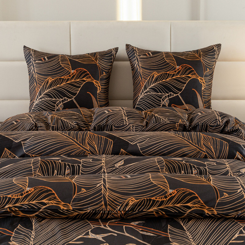 Pościel czarna w liście Lux 160x200 3 el.