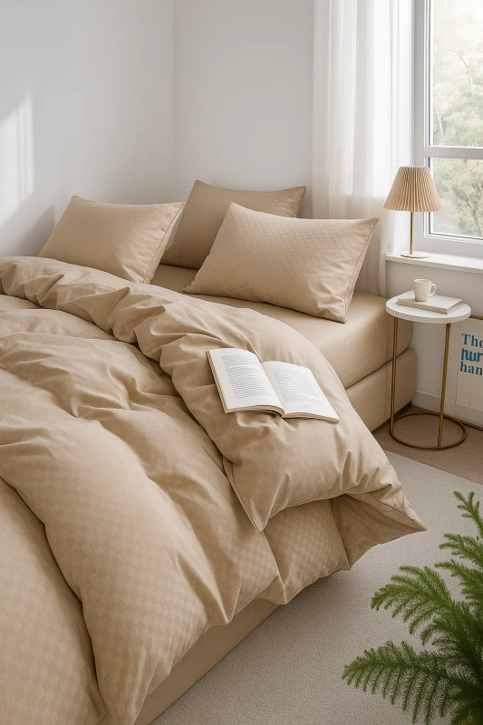 Pościel w kratkę beżowa 160x200 4el Khloe Light Beige