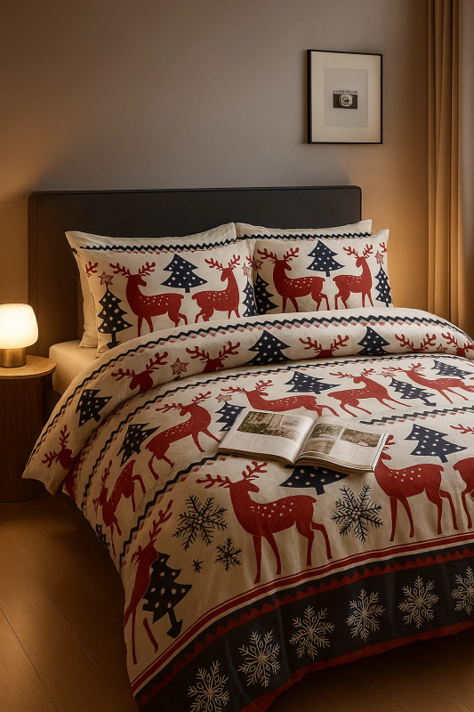 Pościel świąteczna biało-granatowa 160x200 3 el. A020