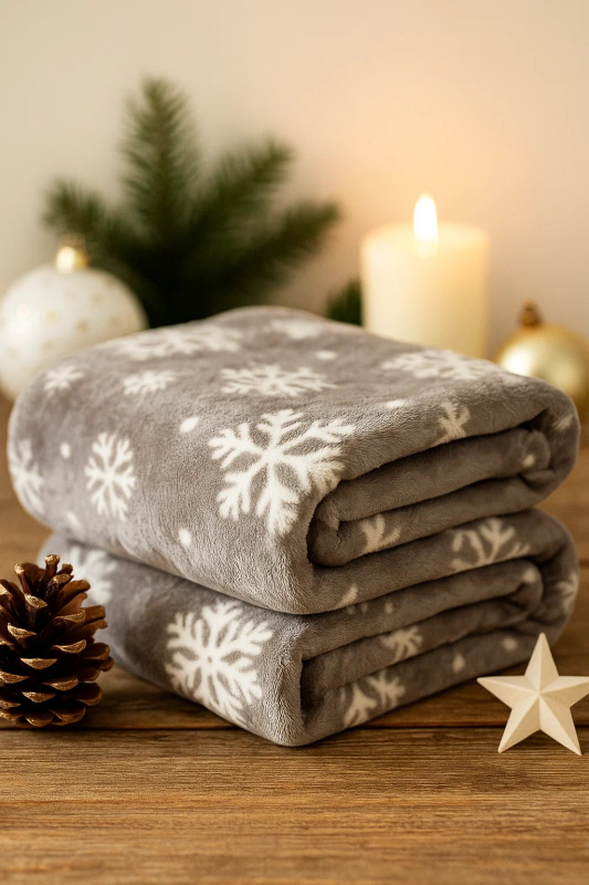 Koc świąteczny ciemny szary w śnieżynki 160x200