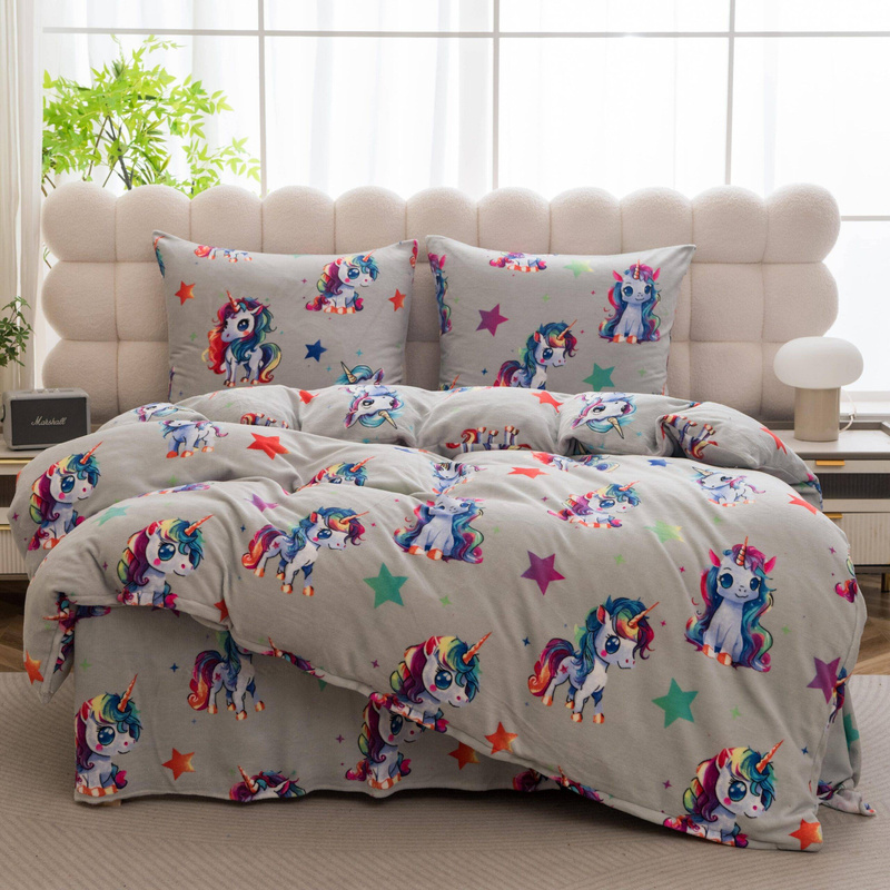 Pościel pluszowa zimowa miś jasna szara w jednorożce 160x200 3 el.