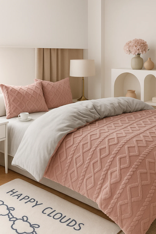 Pościel pluszowa zimowa miś sweterek 200x220 3 el. różowa - szara